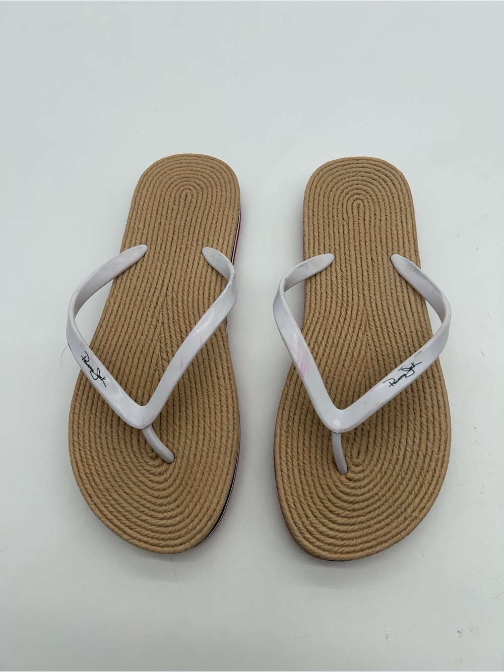 Panama Jack Women’s White Strap Sandal with Tan Textured Footbed size 8